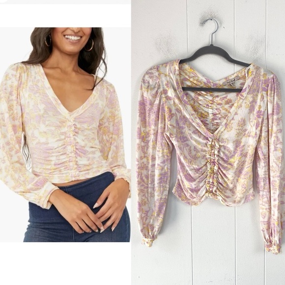 Free People Say The Word Ruched Long Sleeve Top V Neck Floral Pink Yellow Sz XS - Picture 1 of 14